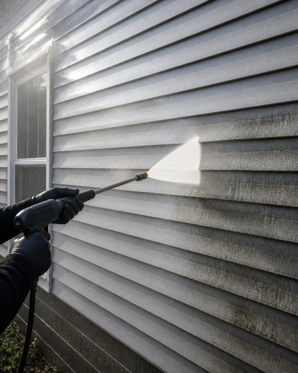 Pressure washing grime off house siding, leaving a clean bright surface ready for paint