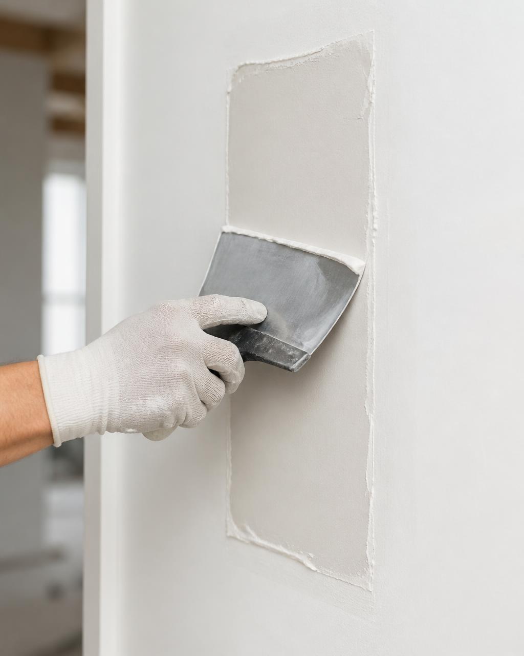 Smooth white drywall repair blended into a residential interior wall